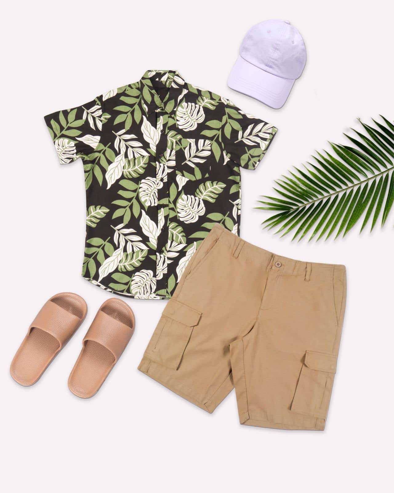 Printed polo, cap, beach slippers and cargo shorts.